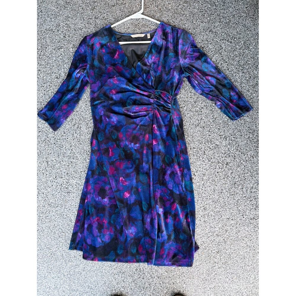 Soft Surroundings Velvet Hyannis Dress Purple Floral Ruched Faux Wrap Medium